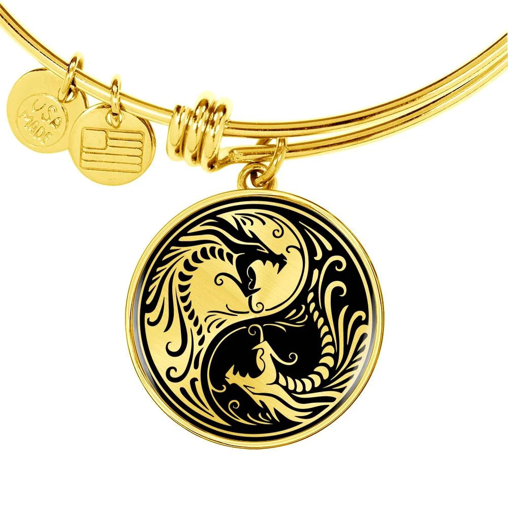 Yin Yang Bracelet Dragon Spiritual Tai Chi Personalized Engraved Gold Circle Ba